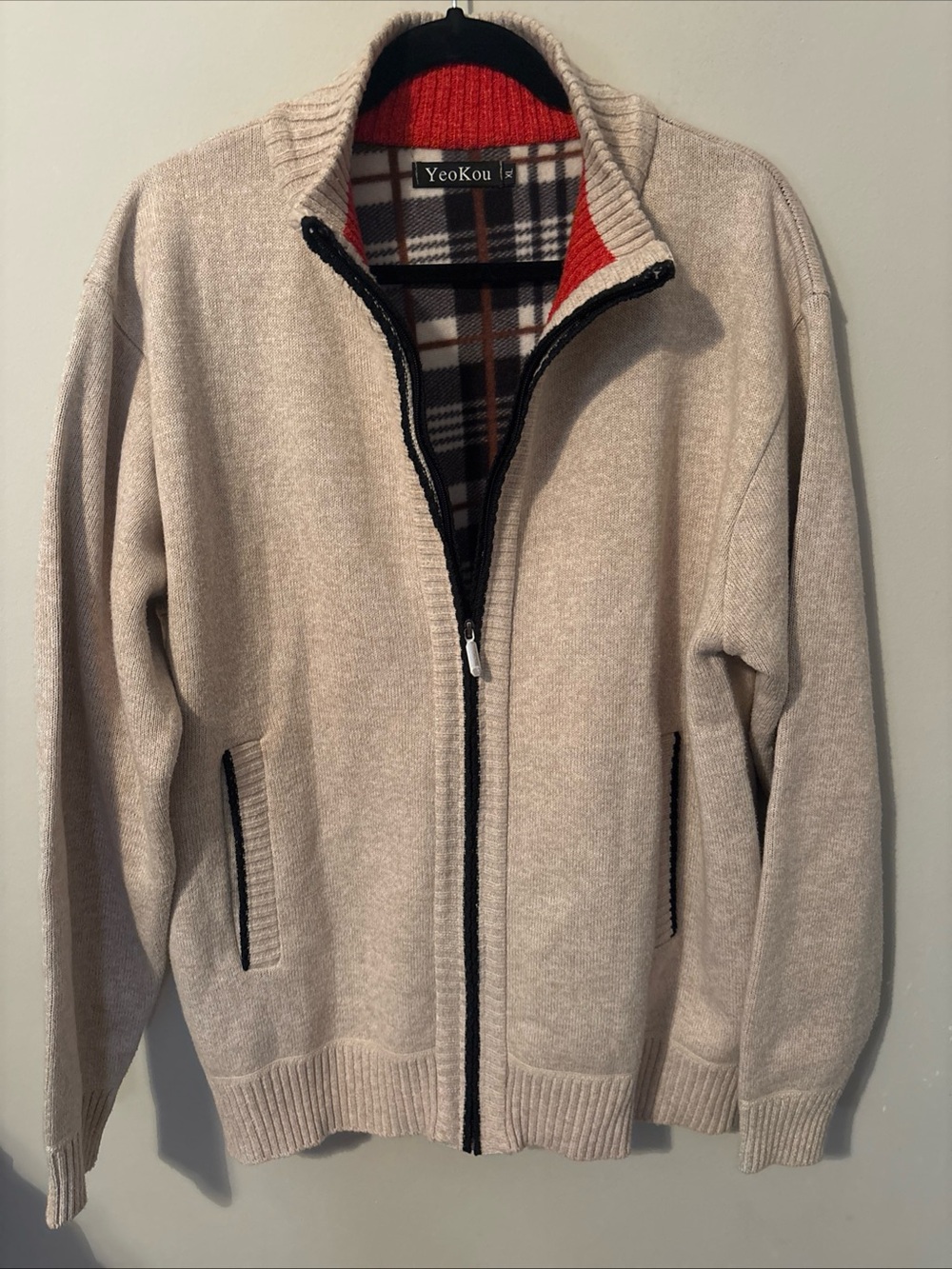 YeoKou Men's Beige Full-Zip Sweater Jacket